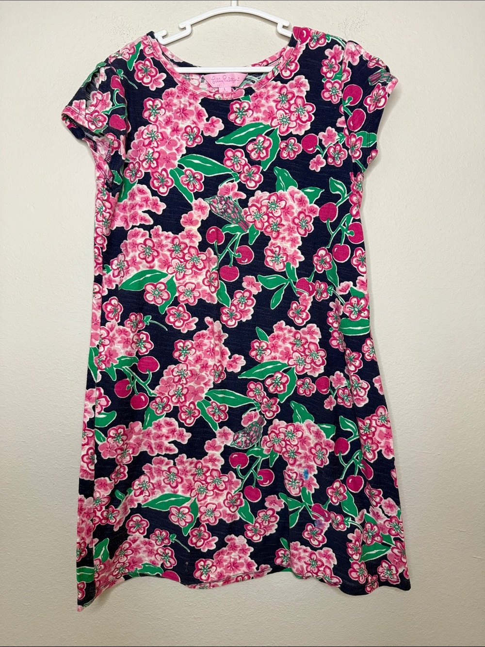 Lilly Pulitzer Girls "Cherry Picker" Navy Pink Floral Swing Dress Size L [LE724]